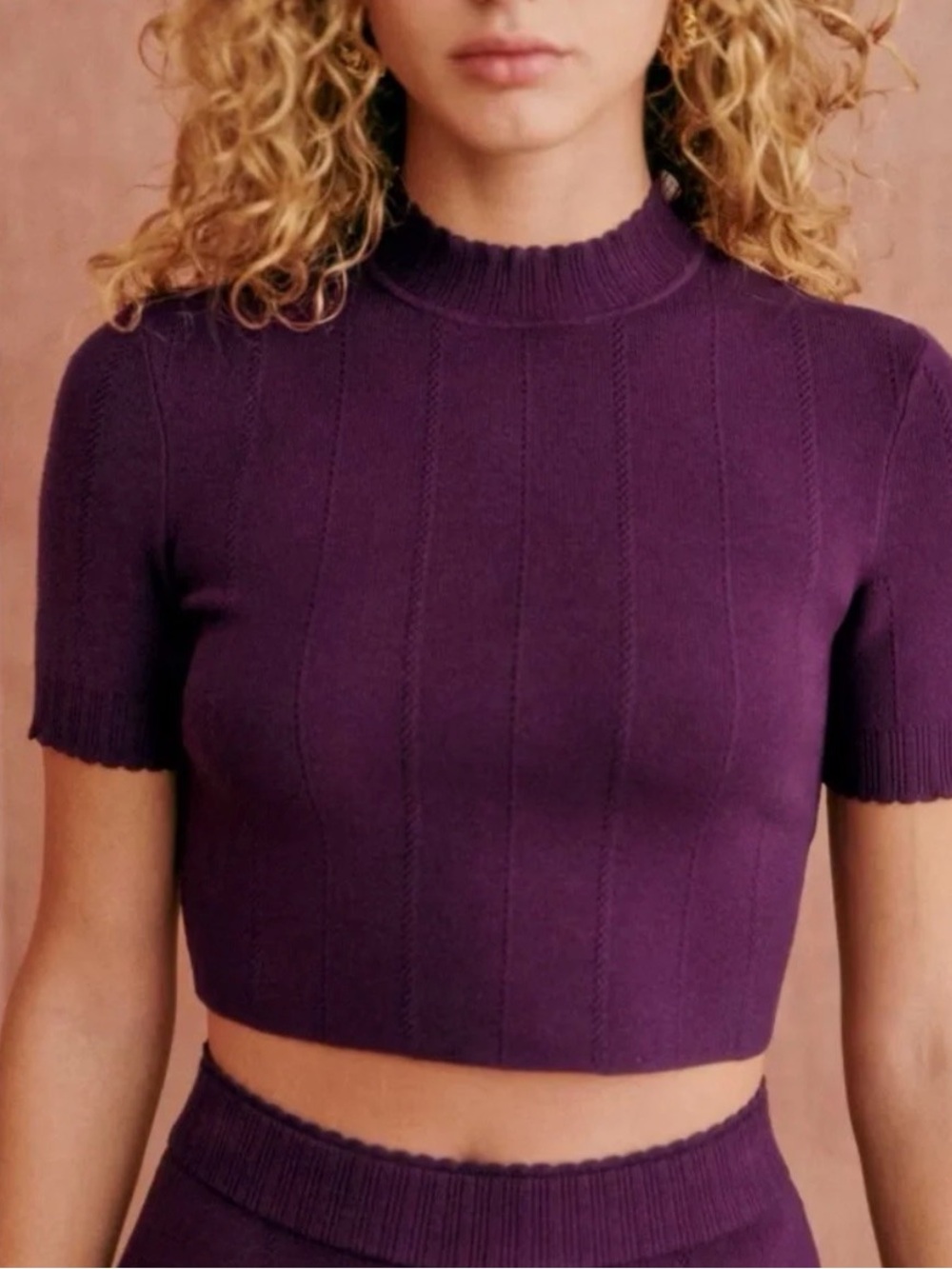 Sezane Deep Purple Short-Sleeve Ribbed Crop Top